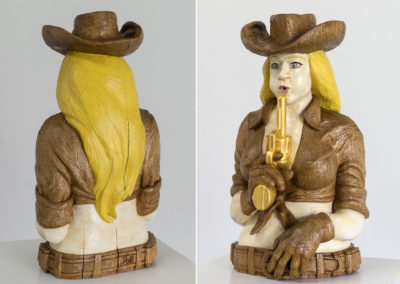 American Madonna - 2016, sculpture in one peace of Butternut wood, paint and gold leaf. 19 x 11 x 9”. Front and back view