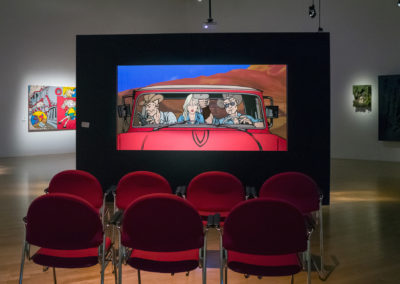 CinemaScope – 2017 - Gallery view, Amos, “Once upon a time …”exhibition. Painted sculpture Installation with backlit-projection video. Acrylic paint on cut-out wood panels, 72 x 138 x 38”