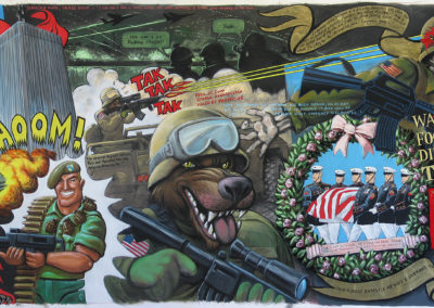 Pat War Hero - 2013 - Acrylic Paint, chalks, gold leafs on paper laid down on Canvas - 60 x 139”