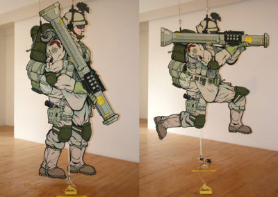 Soldier - 2014, articulated Sculpture (Jumping Jack), 82 x 65 x 7”