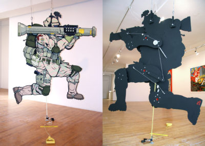 Soldier - 2014, articulated Sculpture (Jumping Jack), Painted wood panels, ropes and cables, pulleys and ball bearings. 82 x 65 x 7”.